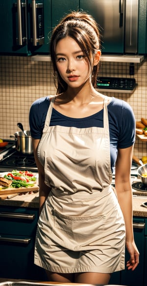 Realistic, 1women (masterpiece 1.2), (ultra Max high quality 1.2), (high_resolution 4k), (high detailed face), child_and_mother, working in kitchen, huge breasts, collarbone, huge thighs, wearing apron, cooking, food, 