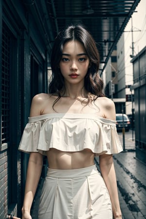 (masterpiece, best quality), (Scene from Still Cine Portrait), 174cm tall, small hand, 1girl, 20 years old beautiful korean female model standing in street,, long wave hair, neon light,latex skin, off shoulder, white split skirt,cinematic realism, (Action TV SHOW), cute pose, middle breasts, cute expression, insanely detailed filthy place, full of junk, chaos, perfect pupils, insanely detailed faces, intricately detailed filthy place, film grain, HD, 8k, volumetric lighting, light_brown_hair, dimly lit, cool colors, hair backlight, ear backlight, volumetric lighting, 8K, perfect eyes, perfect pupils, expressive eyes, particle fx, mist, haze debris