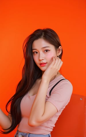  ((kohl:0.5)),((kajal:0.5)),korean girl,photography, orange hue, 1 cute girl, k-pop idol star, solid orange backdrop, using a camera setup that mimics a large aperture, f/1.4 --ar 9:16 --style raw, close up, fluttering hair, dreamy atmosphere, detailed eyes, key light
