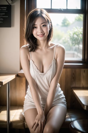 fullbody, embarrassed, detailed beautiful face, (beside window:1.2), sole_female, korean, dating in a pub, cinematic light, big smile, sunlight from the window, light aura, bokeh, pure skin,niannian
