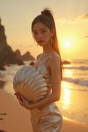 	
((kohl:0.5)),((kajal:0.5)), Korean,full body shot. a professional portrait photography of a breathtakingly beautiful kpop idol,
small eyes,((dark)) low angle shot,freckles:0.5,178tall,long leg,a young beautyful girl IN REVEALING CLOTHES standing on an alien shoreline, cradling a large shell with a mother-of-pearl finish, the shell reflecting the golden light of an alien sun, the landscape dotted with bioluminescent plants and distant, towering structures, rule of thirds composition, her expression a mix of awe and curiosity, photorealistic, high resolution, a surreal blend of science fiction and fantasy,best quality, golden
  
