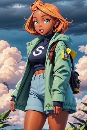 African woman with a bald head, ull body shot, thick legs, medium sized breasts, long socks and tan water proof boots, backpack, green baggy trousers with a yellow rain coat and an aqua blue sweater inside, black girl, brwon skin, african