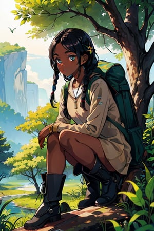 masterpiece, (highly detailed eyes, twinkle in eyes:1.3)best quality ,a dark melanin african girl,  bird, long black hair braided, dark-skinned_female, dark_skin, forest, grass, holding, backpack, jungle, boots, nature, outdoors, trees, plant, soles, solo, tree, cartoon 