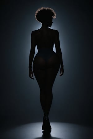 A captivating, minimalist cinematic art piece that features a mesmerizing female figure. The woman's dark silhouette is accentuated by her bold, which starkly contrast against the deep, dark background. The image exudes a surreal and dreamy atmosphere, with an abstract touch that enhances its mysterious allure. The overall composition is striking, creating a sense of depth and dimension that draws the viewer into the scene., cinematic, wide hips,  wide hips, wide hips, wide hips, wide hips, wide hips, wide hips, wide hips, wide hips,tiny waist, big breasts, black african ebony dark skinned woman, afro hair, thigh gap, love handles, wide hips, dark silhouette, dark silhouette,dark silhouette,dark silhouette,dark silhouette,dark silhouette,dark silhouette,dark silhouette,dark silhouette,dark silhouette,dark silhouette,dark silhouette,dark silhouette,dark silhouette, high fashion photoshoot posing