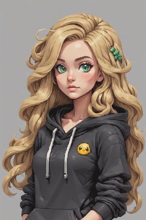 ((In pixel art style)), pixel, 4-bit pixel art, 1Girl, close-up, upper body, Blonde hair, Green Eyes, Sorrisos, Choker, loose hoodie, hoodie print, black hoodie, big head ahoge, Head large, Wavy hair, Very long hair, Pixel Official Art, absurd res, looking up at viewer, solo focus, Dynamic Angle, head tilt, Simple background, grey background, Highly detailed pixel art,portraitart,Pixel art