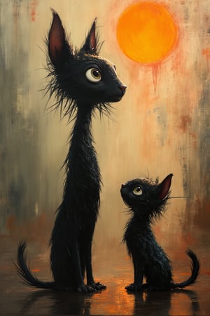 Masterpiece, professional, award-winning, intricate details, ultra high detailed, 64k, dramatic light, volumetric light, dynamic lighting, Surreal, abstract painting featuring two black cats with exaggerated, whimsical features. The larger cat stands upright on two legs, with a tall, slender body and a large, round head with wide, expressive eyes. The smaller cat sits on all fours, looking up at the larger cat. Both cats have spiky, unkempt fur and long, thin tails. The background is a mix of earthy tones, with splashes of orange, brown, and gray, creating a textured, dreamlike atmosphere. A bright orange sun or moon is visible in the upper right corner, casting a warm glow. The ground beneath the cats is reflective, suggesting a wet surface or puddle. The overall style is loose and painterly, with visible brushstrokes and drips adding to the abstract feel. realising lighting and shading, vivid, vibrant, unreal engine, concept art,disney style