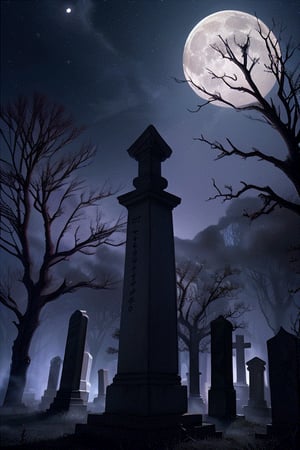 Spellbinding, moonlit graveyard with haunted trees and ghostly spirits, high-quality, eerie, atmospheric, supernatural, haunted, spectral, ethereal, spooky, tombstones, mist, full moon, haunted mansion, restless souls, paranormal activity					