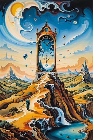 (Masterpiece), (Best Quality), (Ultra-detailed), Artistic painting, (Inspired by Salvador Dali's surrealist art), create a landscape with melting clocks, distorted figures, and a backdrop of swirling colors and shapes. The overall mood should be dreamlike and otherworldly. In the foreground, a man stands gazing out at the strange and wonderful scenery around him. His expression is one of fascination and curiosity, as if he's exploring a new world for the first time,Leonardo Style
