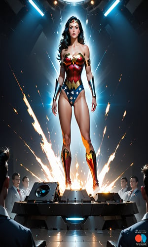 There is a massive oversized TV screen in the city. TV screen showing and playing blue eyed and muscular Wonder Woman making a conference call with shocked and surprised expressions. Many people are watching it below the screen. ((highest quality)), (8k, very detailed, full-length frame, high-detail RAW color art, masterpiece:1.2), (realistic and realistic photo:1.3), dramatic lighting rendering, dynamic angles, photon mapping, physics-based rendering, Absurd resolution, high resolution, (masterpiece: 1.4), super detail,score_9,score_8_up,score_7_up,score_6_up,Expressiveh,concept art,dark theme