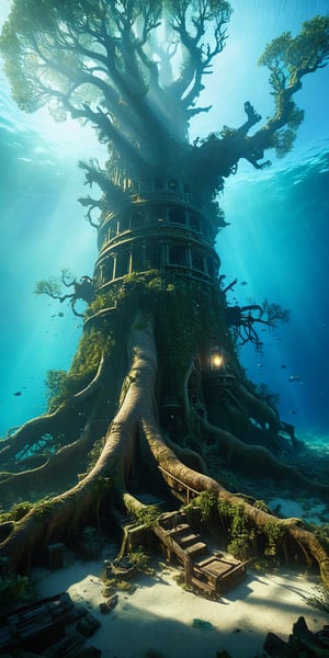 (Extremely detailed CG unity 8k wallpaper),(((Masterpiece))), (((Best Quality))), ((Ultra-detailed)), (Best Illustration),(best shadows), ((an extremely delicate and beautiful)),Masterpiece, best quality, 8K, high res, ultra-detailed,  A profound fantasy art of an underwater scene with a giant tree architecture made of ancient machinery that has its roots on the deep sea floor shrouded in darkness. A gigantic tree made from ancient machinery, with many small lights shining on its branches and leaves in the darkness. A group of mechanical ruins from a long-lost civilization that exudes eeriness, broken mechanical tower ruins, shattered remains of an unknown reactor, and a broken mechanical wall with weathered marks. A gigantic tree made from ancient machinery still continues to shine with the memories of those days as a beacon of hope, waiting for the time when it will one day fulfill its true role.