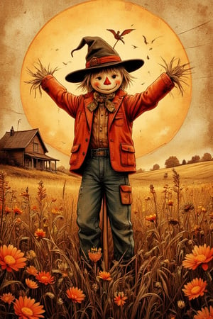 Masterpiece, professional, award-winning, intricate details, ultra high detailed, 64k, dramatic light, volumetric light, autumn, best quality, ink painting, acrylic, detailed cute little scarecrow on a rye field, cornflowers, sunrise, farm house, by Greg Craola Simkins, Dan Mumford, Andy Kehoe, 2d, flat, cute, adorable, vintage, art on a cracked paper, fairytale, storybook detailed illustration, cinematic, ultra highly detailed, tiny details, beautiful details, mystical, luminism, vibrant colors, complex background. Showcasing incredible texture and detail. Rendered in high-quality, super-detailed textures. Meticulously illustrated. 8k, ek_art_b00ster,anime,illustrated,FluxBoost,myvectorillustrations