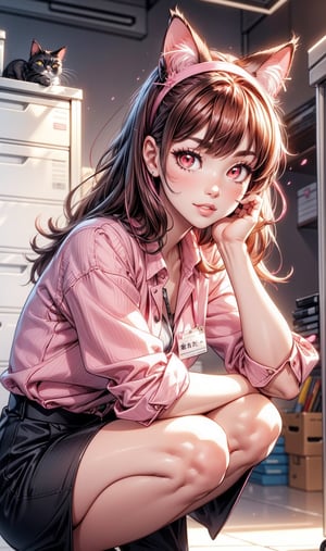 1 cat girl, cat ears, coral red eyes, cat tail, (smile:0.8), parted lips, natural makeup, cute, office lady, hair band, business suit, name tag, (squatting:1.1), leaning forward, filing cabinet, archive, sharp focus, looking at viewer, cowboy shot, from below, (intricate:1.1), (pink theme:1.1), (pink tone:1.1), brown tone, illustration,