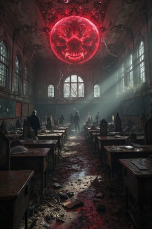 Masterpiece, professional, award-winning, intricate details, ultra high detailed, 64k, dramatic light, volumetric light, create an image of  desolate post-apocalyptic school, abandoned classrooms, shattered windows, forgotten lessons, tombstones standing in the classroom, silent halls:1, torn textbooks, weathered chalkboards, deserted playground, distant school bell. The scene is lit by an ominous red glow emanating from tombstones, casting eerie shadows over the overgrown tombstones and broken graves. Flashes of lightning illuminating the scene briefly. Everything is rendered in ultra-realistic detail, from the textures of the decayed classroom to the gritty dirt and aged tombstones, making it appear lifelike and unsettling. Showcasing incredible texture and detail. Rendered in high-quality, super-detailed textures. Meticulously illustrated. Adds eerie atmosphere in the image, 8k,