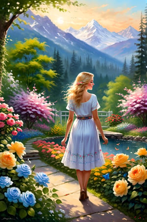 masterpiece, best quality, [detailed], [intricate], digital painting, Amidst the blooming colors and enchanting scents, an 21-year-old girl wandered through the beautiful botanical garden. Her radiant beauty matched the splendor of the flowers that surrounded her.
With her twinkling blue eyes and golden hair cascading like sunlit waterfalls, girl appeared as if she were a part of the garden's enchanting tapestry. Her laughter echoed through the pathways, as she embraced the magic of nature that enveloped her.
The botanical garden was her sanctuary—a place of solace and wonder. As she strolled through the meandering trails, she marveled at the diversity of flora, each bloom telling its own unique story.
Her love for plants was ingrained in her soul. From an early age, she found joy in nurturing her own garden at home, tending to each plant as if it were a cherished friend. Now, surrounded by the breathtaking beauty of the botanical garden, her passion blossomed even further.
She was drawn to the intricacies of every petal, every leaf, and every stem. The vibrant hues of the flowers ignited a symphony of emotions within her. With each step, she absorbed the serenity and harmony of the garden, leaving behind the worries of the outside world.
But her enchantment with the botanical garden extended beyond admiration. Armed with a small notebook and a pencil, she became an artist of nature. Sitting beside a bed of roses, she carefully sketched their delicate forms, capturing the essence of their elegance on paper.
The garden became her muse, and she spent countless hours immersed in its beauty. She painted vibrant watercolors, capturing the garden's ever-changing colors in her art. Her creations breathed life into the flowers, allowing others to experience the enchantment she found in the garden.
As she explored the winding paths, she discovered more than just flora. Birds sang melodious tunes from the treetops, and butterflies fluttered gracefully, adding to the garden's allure.