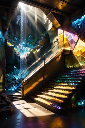 high quality, 8K Ultra HD, (((naturally interacting with the environment:1.5))),(((seamless:1.5))),((strong environmental light)),((hard shadows)),Otherworldly, crystal landscape, golden landscape, colorful landscape, abandoned subway station, stairs, crystals on the walls, glowing crystals, some crystals on the stairs, a waterfall flowing in the subway,