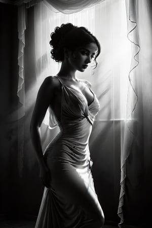 (best quality, 4k, 8k, highres, masterpiece:1.2), ultra-detailed, black and white, shadowy figure, graceful pose, feminine allure, (mysterious,alluring:1.3), eyes and lips, sleek curves, ravishing beauty, artistic expression, dramatic lighting, contrast, subtle details, implied sensuality, twisted silhouette, dark elegance, mood, fluid lines, high contrast, fine art, monochome, contemporary, sophisticated, innovative, silhouette, visual poetry, creative composition, striking visual impact, unique Masterpiece, (masterpiece:1.2), (best quality:1.2), ai-generated, ultra-detailed, best shadow, detailed background, high contrast, (best illumination, an extremely delicate and beautiful), ((cinematic light)), hyper detail, dramatic light, intricate details, 8k, very aesthetic,monochrome,halsman