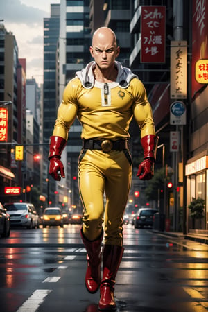 masterpiece, best quality, 1boy, (saitama), blad head, yellow clothes, brown eyes, red gloves, red boots, angry face, aura power, night, natural light, flying, angry eyes, male focus, strong muscles, movie composition, flying, bokeh, (futuristic), (full body), city view, flying above the city, scary look, godly strenght, yellow emergy around him,Enhance,leonardo,SAITAMA