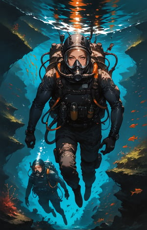 score_9, score_8_up, score_7_up, (Fidelity:1.2), (best quality, 4k, 8k, highres, masterpiece:1.2), ultra-detailed, (realistic), diving, 3divers, deep underwater, us navy, secret mission, group of military divers, military scuba diving suits, concept art, Best quality, Ultra High Resolution,l4rg33y3s,Expressiveh,dark theme