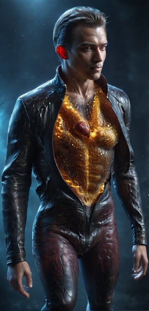 (super clear picture quality:1.8), masterpiece, best quality,
ultra-realistic mix fantasy, a man ((wearing an unzipped open leather jacket, vertical unzipped body, revealing an inner honeycomb pattern and a heart made of honeycomb:4)), symmetrical, Photorealistic, Hyperrealistic, Hyperdetailed, analog style, upper body shot, detailed skin, matte skin, soft lighting, subsurface scattering, realistic, heavy shadow, masterpiece, best quality, ultra realistic, 8k, golden ratio, Intricate, High Detail, film photography, soft focus in the style of dark azure and light azure, mixes realistic and fantastical elements, vibrant manga, uhd image, glassy translucence, vibrant illustrations, ultra realistic, mysterious, fantasy, very detailed, high resolution, sharp, sharp image, 4k, 8k, magic effect, (high contrast:1.4), dream art, diamond, mysterious colorful background, dark blue themes, real, holographic, holographic metal, machine, seethrough, glass art, magical holographic glow,xray,tranzp