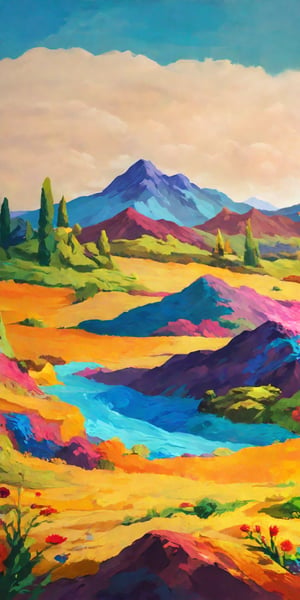 (((Masterpiece))), (((Best Quality))), ((Ultra-detailed)), (Best Illustration), paper mache representation of painting of a colorful landscape with a mountain in the background, a fine art painting inspired by william didier pouget, featured on shutterstock, neo fauvism, colorful landscape painting, vibrant gouache painting scenery, vivid landscape. 3d, sculptural, textured, handmade, vibrant, fun