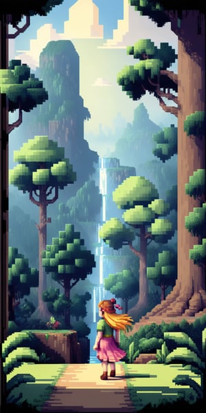 Pixel-Art Adventure featuring a Girl: Pixelated girl character, vibrant 8-bit environment, reminiscent of classic games,pixel style