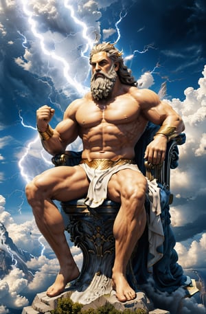 Create a photorealistic image featuring the Greek gods Zeus, the majestic figure of Zeus, ruler of the heavens, as he sits upon his throne of clouds, his lightning bolt in hand, ready to strike down any who dare challenge his divine authority.  Zeus should be portrayed with his distinctive attributes and symbols, such as Zeus with his {thunderbolt}. The background can be a {divine realm}, {Mount Olympus}, or a {mythical landscape} that reflects the realm of the gods. The camera angle can be a {medium shot}, capturing Zeus from a perspective that showcases his presence and individuality. The desired resolution for the image is {high definition}, with {crisp details} and {realistic textures} to bring out the divine qualities of the greek King of Gods, Zeus.