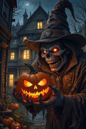 Masterpiece, professional, award-winning, intricate details, ultra high detailed, 64k, dramatic light, volumetric light, create an image of a menacing Jack-o'-Lantern in a Halloween costume, lurking outside a haunting house, clutching a pumpkin in its gnarled claws. The Jack-o'-Lantern's custom is a nightmarish creation, with tattered fabric, sharp fangs, and glowing eyes that pierce through the darkness. The haunting house looms behind, its weathered facade and broken windows adding to the eerie atmosphere. The pumpkin held by the monster is intricately carved with a wicked grin, its candlelight casting eerie shadows on the surroundings. photorealistic, realistic shadows. Showcasing incredible texture and detail. Rendered in high-quality, super-detailed textures. Meticulously illustrated. Adds creepy atmosphere in the image. 8k,ek_art_b00ster,anime,illustrated,Enhanced all