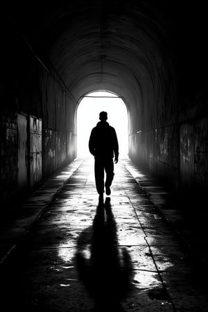 (silhouette:1.25), dark background, A black and white photo of a person walking through a tunnel, Deep lines and shadows, Light and shadow contrast, Strong light and shadows, High contrast light and shadows, Glowing lines, Great light and shadow, Dramatic light and shadows, Beautiful light and shadow, Lines and movement, Dramatic light and shadow, Volumetric Light, Surrealism, flat color, flat shading, highres, superb, 8k wallpaper, extremely detailed, intricate, limited palette,ek_art_b00ster,anime,illustrated,FluxBoost,myvectorillustrations