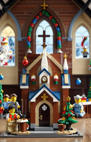 Lego brick scene, LEGO Creator, {a church made of LEGO, cartoon, disney style}, Surreal images, Christmas theme, Real-world scenarios, in 8k resolution,  Meticulous and minimalist environment, A highly detailed, Top  Quality, Artistic photography, cinematic texture , iOS 100, LEGO MiniFig, LEGO Creator,