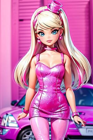 (masterpiece,best quality:1.2), 1girl, 3d render, light blonde hair, middle length hair, blight blue eyes, (((wearing detailed hot pink tight dress:1.5)), pink sparkles, sprinkles, barbie pink color theme, barbie dolls house background, convertible pink cadillac parked on street, depth of field, daytime, ,3DMM,barbie