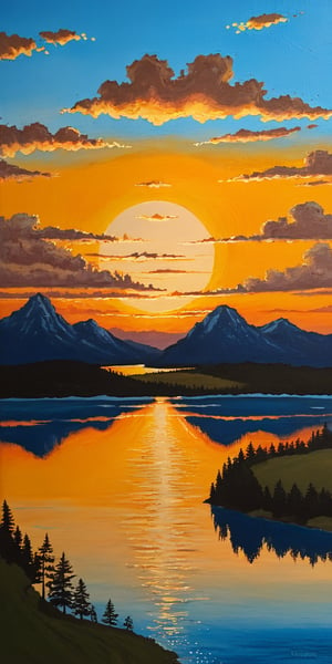 Sunset painting over the lake, Art paintings by Yvonne Jacquette, deviantart, American Scene Painting, Art, not Instagram, Detail painting, Oil on canvas, The most beautiful nature, A wonderful, peaceful world and a passenger train with wheels and tracks flying in the blue sky,oil painting