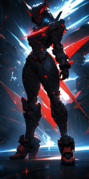 ((Best quality)), ((masterpiece)), (detailed: 1.4), Dark_fantasy, Cyberpunk, (Mecha, Black and red:1.1), 1girl, Mechanical Wonder, Robotic presence,cybernetic guardians, Masterpiece, full body shot, highly detailed, At night, head_gear, visible mouth, shadowy, 8K, Mecha mask, Laser tool,1 girl