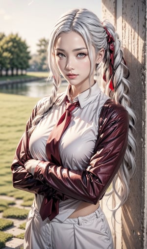 ((best quality)), ((Masterpiece)), ((ultra realistic)), vibrant colors, girl, masterpiece, sharp focus, best quality, depth of field, cinematic lighting, white hair, red eyes, (red suit), (white blouse), ((red tie)), office outfit, angry, twintails, red jacket, crossed arms, very long hair, smile, blush, trees, grass, lake, night sky,Evelyn1