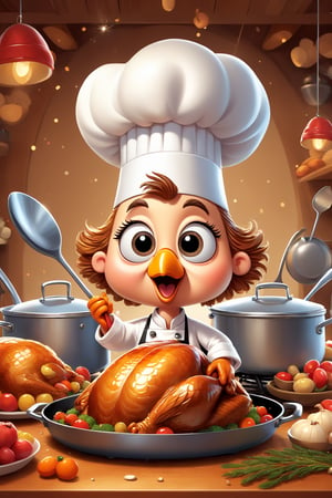 perfect-composition, Perfect pictorial composition, Brand advertising, Creative poster, Cute Anthropomorphic turkey chef is cooking roasted turkey, Made by Pixar, pixar style, 3d Rendering, Focus sharp, Fluffy, fantasy engine, 5 quality rendering, 3d Rendering, furry art, cartoon artstyle, cute cartoon style, Cute art style, Cartoon style, Cartoon style illustration, Digital art of cartoons, Cute digital art, Cute anime , Chibi, an anime drawing, pop-art, Cartoon style illustration, Head large, kawaii eyes, Glitter eyes, Sparkling eyes, kawaii faces, Innocent face,