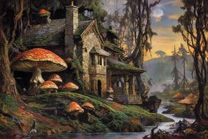 Masterpiece, professional, award-winning, intricate details, ultra high detailed, 64k, dramatic light, volumetric light, wild nature oil painting, old house with moss, mushroom, giant mushrooms in many color, river meandering through the trees, reflection, abstract art, African plains, drip painting, street moonscape, dynamic, energetic and expressive, play of colors and shapes, shredded, cork, flaky, large spots, impasto, knife pallet, 3D modeling, unreal engine, ultra detailed, hyperreal, 4k, 3d, HDRisunlight, forest of magic,FANTASY,OIL,PAINTING,IN,THE,STYLE,OF FR4Z3TT4