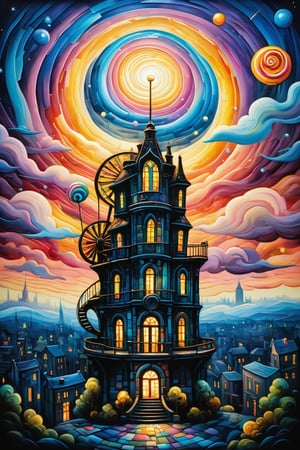 (masterpiece, best quality:1.4), fine art, oil painting, dark tales, "in a mystical metropolis at dusk, a 42 year old adept stands atop a wobbly pedestal amidst a whimsical cityscape, surrounded by swirling clouds of forgotten knowledge that have seeped into the atmosphere from an adjacent library. the skyscraper shaped jellybean tower looms in the background, its windows pulsating with an otherworldly glow as wispy creatures flit about the periphery. glowing tendrils of ink stream from the adept's fingers, entwining with rainbow hued licorice whips that twist and turn in impossible ways up the staircase. the air is filled with a sweet, edible gold dust that tastes like birthday cake, as if the sun has been replaced by a giant lollipop on fire, casting a warm glow over the scene." in the van gogh style, starry sky, dan mumford, andy kehoe, 2d, flat, delightful, vintage, art on a cracked paper, patchwork, stained glass, fairytale, storybook detailed illustration, cinematic, ultra highly detailed, tiny details, beautiful details, mystical, luminism, vibrant colors, complex background,v0ng44g,oil paint ,more detail XL