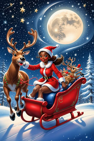 best quality, realistic, photorealistic, award-winning illustration, (intricate details: 1.2), (delicate detail), (intricate details), wonderful christmas night, polar lights, ((Dark skinned pretty girl wearing Santa's outfit is riding on sleigh pulled by the Red Nosed Reindeer)), flying to the sky, a round moon, starry sky, shooting star, Christmas night,danknis,anitoon style