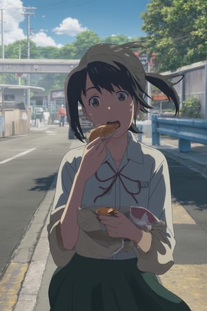 Masterpiece, professional, award-winning, intricate details, ultra high detailed, 64k, dramatic light, volumetric light, dynamic lighting, chibi style, 3d animation, a cute girl crossing the street cautiously while biting a doughnut in a paper wrap, elaborate details, graphic CG digital art, ultra detailed, absolutely resolution, best quality vivid, vibrant, unreal engine, concept art,