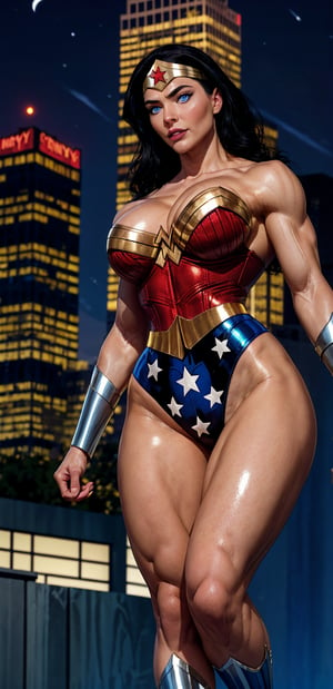 Wonder Woman, (Masterpiece), Best Quality, (Extremely detailed), (1Girl:1.4), ((beautiful blue eyes)), (black middle length wavy hair), Wonder Woman, (intricate details, makeup), (delicate and beautiful delicate face, delicate and beautiful delicate eyes, face with perfect proportions), (shiny skin: 1.2), delicate skin, strong and realistic blue eyes, realistic black hair, lips, makeup, natural skin texture, tiara, red and gold bustier, blue leotard with white stars, (silver Bracelets:1.2), red knee-high boots, golden belt, (Wonder Woman clothing:1.1), bare shoulders, ((light tanned skin:0.8)), mature, sexy, elastic muscles, (muscles: 1.2), ((strong and healthy body)), ((more) muscles))), cleavage, long legs, curves, (big breasts: 1.3), ribs, thin waist, soft waist, (delicate skin), (beautiful and sexy woman), (swollen lips: 0.9), (eyelashes: 1.2), very delicate muscles, perfect body, perfect anatomy, perfect details, perfect fingers, Perfect limbs, thigh gap, watercolor, professional, Bokeh, Decreased saturation, overlooking a (New York city skyline:1.2), overlooking a modern city, sky - high view, Sky view (on balcony), (City skylines view), ((night time:1.2)), ((from below:1.5)), ((flying:1.3)), (masterpiece, best quality), ,semi-realistic,dwarfoil,wonder2,2.5D