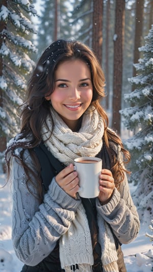 (best quality, 4k, 8k, highres, masterpiece:1.2),ultra-detailed,(realistic,photorealistic,photo-realistic:1.37),illustration,portrait,colorful,bright lighting, winter theme,snowy landscape, a beautiful girl with long black hair, warm winter clothing, snowflakes falling gently on her face, rosy cheeks, 
sparkling eyes, a feeling of tranquility and serenity, capturing the essence of winter season. a charming smile, holding a cup of hot cocoa, steaming hot, a cozy knitted scarf around her neck, a snowy forest in the background, with tall pine trees covered in snow, the sunlight casting a soft golden glow, a touch of frost on the branches, the girl's breath visible in the cold air, 
a feeling of tranquility and serenity, capturing the essence of winter season,detailmaster2