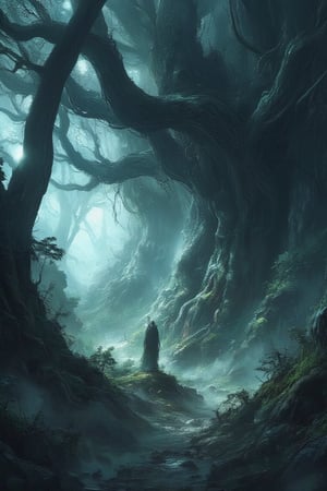 Masterpiece, professional, award-winning, intricate details, ultra high detailed, 64k, dramatic light, volumetric light, Enigmatic, mist-shrouded forest with ancient spirits and mystical fog, supernatural being, photorealistic, magical, ethereal, mystical beings, atmospheric allure, enshrouded beauty, haunting ambiance:1.1, twisted roots, whispered secrets, hidden groves, elusive presence, mythical guardians, mystical tranquility, 8k,ek_art_b00ster,anime,illustrated,