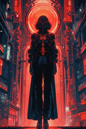 Masterpiece illustration of a single woman (1) set against a striking Art Deco-inspired background (1.4). The subject stands at the center of the frame, with her figure bisected by a symmetry line, radiating retro-futuristic elegance. Her attire blends clean lines and minimalism, punctuated by metallic accents in shades of cyberpunk hues. Flat colors and precise lighting evoke a sense of otherworldly detachment, as if she's stepping out of a futuristic cityscape (CCDDA art style). Identity V2: A futuristic femme fatale, ready to navigate the neon-lit streets.