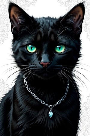 Masterpiece, professional, award-winning, intricate details, ultra high detailed, 64k, dramatic light, volumetric light, create a realistic and cute comic style sleek black cat with piercing emerald eyes and a  pink nose. Her fur is styled in loose, flowing waves, and she wears a delicate silver necklace with a tiny crystal pendant. Showcasing incredible texture and detail. Rendered in high-quality, super-detailed textures. Meticulously illustrated. The white filigree background adds to the ominous atmosphere, 8k,ek_art_b00ster,anime,illustrated,Enhanced all