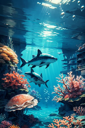 (((masterpiece))),(((best quality))),((ultra-detailed)),((underwater)),(illustration),(beautiful detailed water),((coral)),(underwater world), picture of an underwater scene with a sci-fi 50s style metal house in oval form, underwater town, underwater car, 50s style old chevy, underwater shop, underwater people in diving suits, the underwater environment, the 50s style shopping mall, (submarine and a sharks swims from afar), ((sea turtles)), ((jellyfish)), ((fish)), many colorful sea fish, works of masters, super high resolution, depth of field, telephoto lens, abstract background, sea, liquid background, colorful bubbles, fantasy, Cinematic Lighting, Ambiance Lighting, Natural Light, Extremely Detailed CG Unity 8k Wallpaper, Oil Painting, Award Winning Photography, (Vision), Depth of Field, OC, Glow, Chromatic Aberration, annimation style, Very detailed