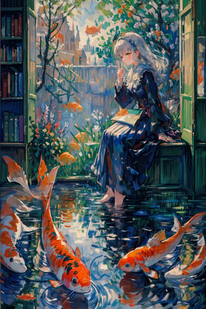 [(Transparent background:1.5)::5],(((masterpiece))),(((best quality))),(((extremely detailed))),illustration, 1girl,solo,mysterious,vivid color,shiny, underwater transparent sealed hemispherical glass dome, silver hair,orange eyes, full body, bare_feet, long hair, tranquil nature,koi, Underwater, Dome,close up, Dynamic actions, Lens perspective,(((Box composition))),sit cross-legged and lean against the bookshelf,(arm + hand + 1thumb + 4finger),(Impressionism:1.4),impressionist