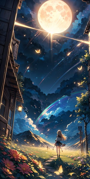 Vast landscape photo, (viewed from below, the sky is above and the open field is below), a girl in orange onepiece standing on a flower field looking up, (full moon:1.2), (meteor:0.9), (nebula:1.3), distant mountains , Trees 
BREAK 
Crafting Art, (Warm Light:1.2), (Fireflies:1.2), Lights, Lots of Purple and Orange, Intricate Details, Volumetric Lighting, Realism 
BREAK 
(Masterpiece:1.2), (Best Quality), 4k, Ultra-Detailed, (Dynamic Composition:1.4), Very Detailed, Colorful Details, (Rainbow Colors:1.2), (Glow Lighting, Atmospheric Lighting), Dreamy, Magical, (Solo:1.2), 