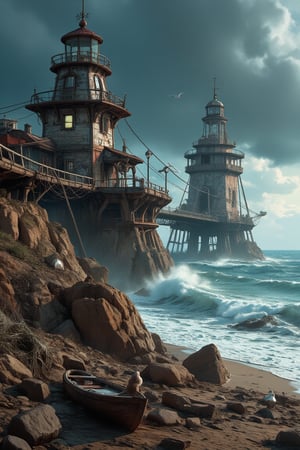 Masterpiece, professional, award-winning, intricate details, ultra high detailed, 64k, dramatic light, volumetric light, A post-apocalyptic coastal scene, with a decaying boardwalk, shattered lighthouse, and waves crashing against remnants of civilization, moody, coastal decay, maritime disaster, haunting beauty, coastal ruins, abandoned boats, desolate shoreline:1, weathered pier, worn-out fishing nets, seagulls, abandoned amusement park, rugged coastline,ek_art_b00ster,anime,illustrated,
