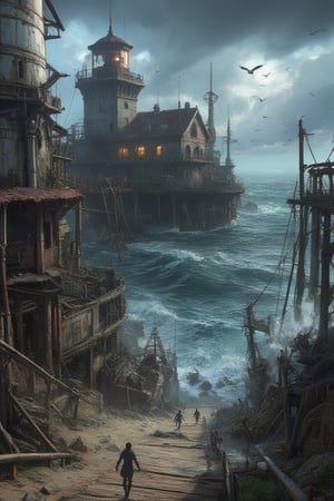 Masterpiece, professional, award-winning, intricate details, ultra high detailed, 64k, dramatic light, volumetric light, A post-apocalyptic coastal scene, with a decaying boardwalk, shattered lighthouse, and waves crashing against remnants of civilization, moody, coastal decay, maritime disaster, haunting beauty, coastal ruins, abandoned boats, desolate shoreline:1, weathered pier, worn-out fishing nets, seagulls, abandoned amusement park, rugged coastline, 8K,anime,illustrated,Fantasy detailers 