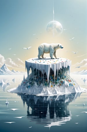 ("SAVE OUR PLANET" text logo: 1.3), Origami, dripping paint, White Polar Bear standing on a tiny island made of waste in a vast ocean, full body portrait, wide scale lens,aw0k magnstyle,detailmaster2,Movie Still,TEXT LOGO