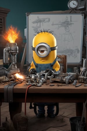 Masterpiece, professional, award-winning, intricate details, ultra high detailed, 64k, dramatic light, volumetric light, 3d, detailed, A photorealistic image of a Minion from Despicable Me, dressed as a mechanic is working hard at a lab table full of scientific tools and accessories. The whiteboard behind has weapon design sketches. Minion is highly focused, hands move quickly, weld and assemble components to build a large weapon, complicated.